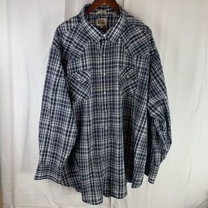 Ely Cattleman Western Snap Shirt Mens 4XLT Navy Blue Plaid Pearl Snap Tall